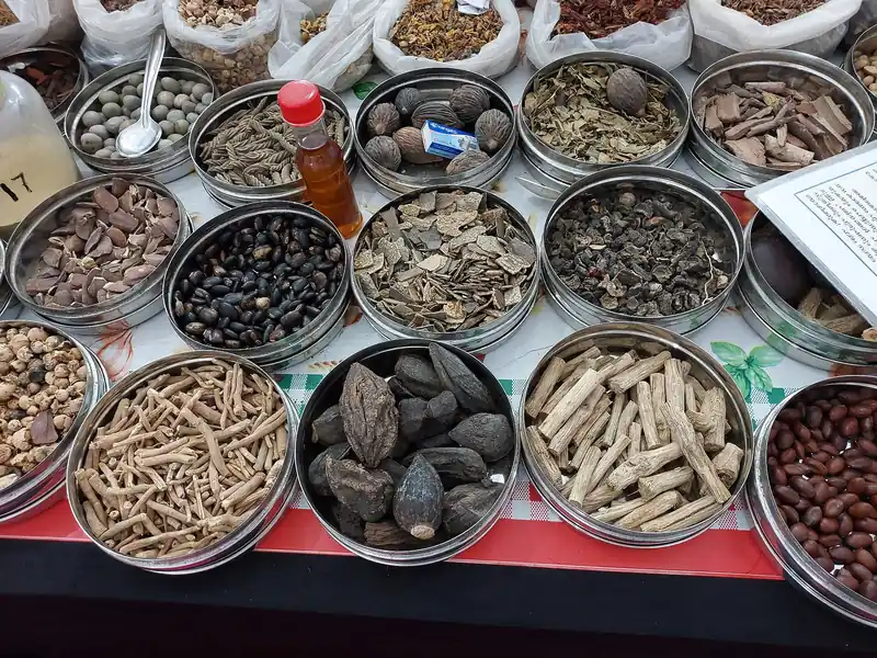 Dried Ayurvedic herbs, roots and fruits displayed in steel bowls
