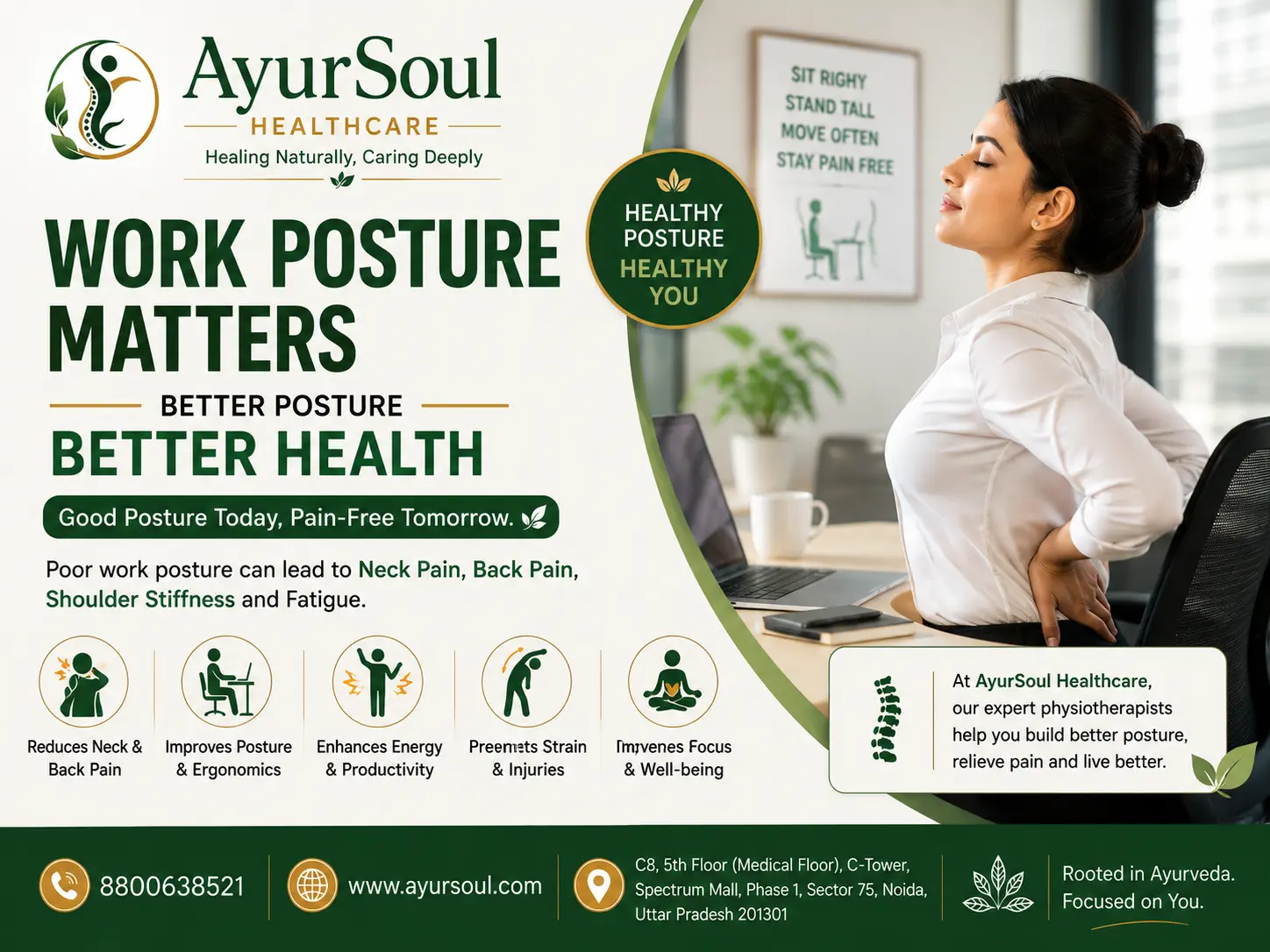 Work Posture Matters — office ergonomics and posture correction at AyurSoul Healthcare, Noida